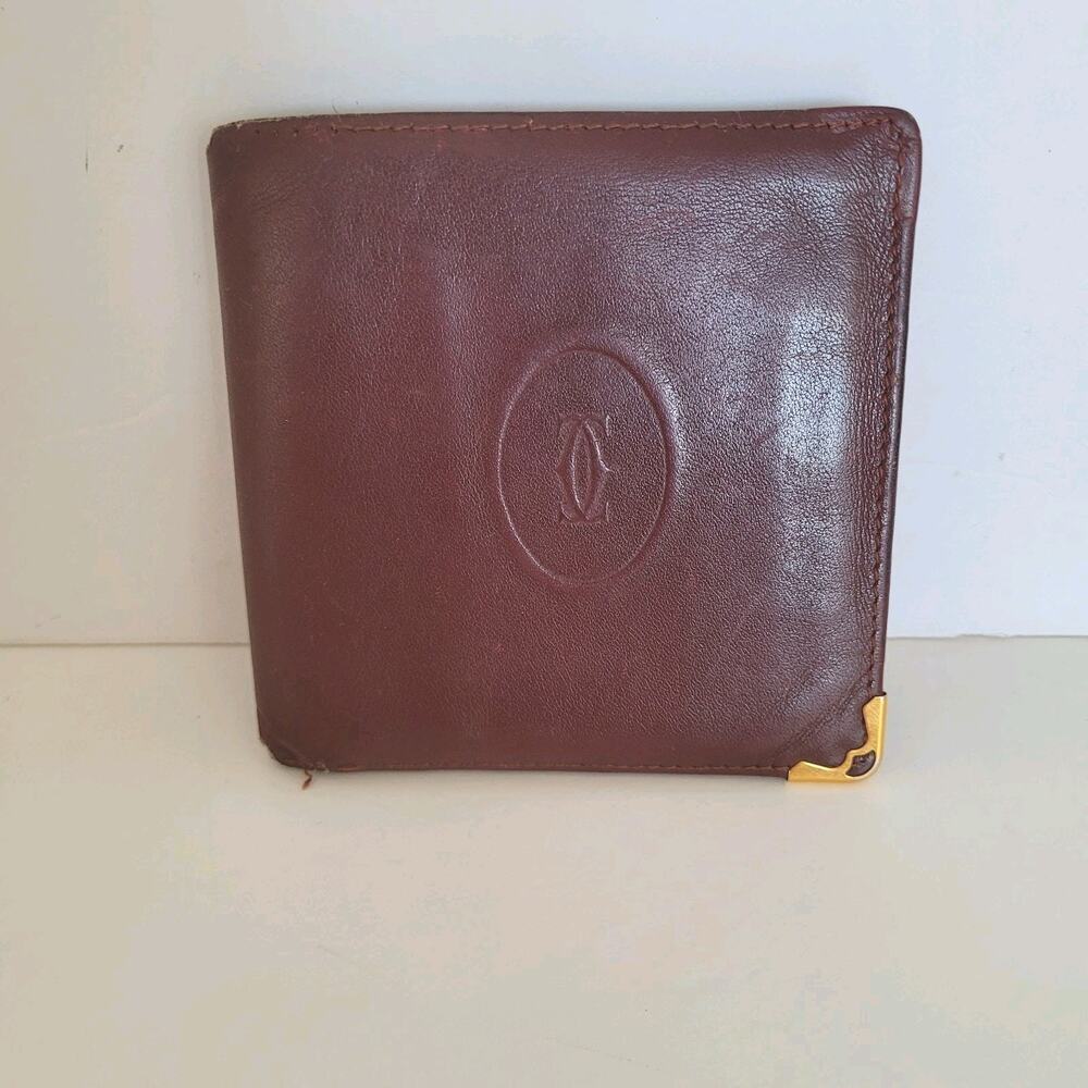 Cartier Men's Vintage Bifold Leather Bordeaux Red Wallet Medium Retro Card Fair